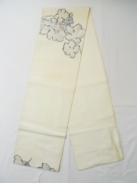 画像1: L0518N 袋帯 女性用着物 シルク（正絹）   オフ　ホワイト 葉 【中古】 【USED】 【リサイクル】 ★★☆☆☆ (1)