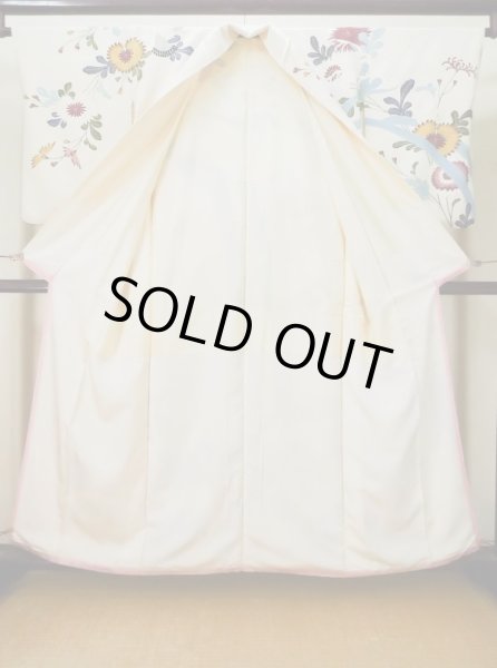 画像2: L0519J  訪問着 女性用着物 滝 シルク(正絹)   オフ ホワイト, 花 【中古】 【USED】 【リサイクル】 ★★☆☆☆ (2)