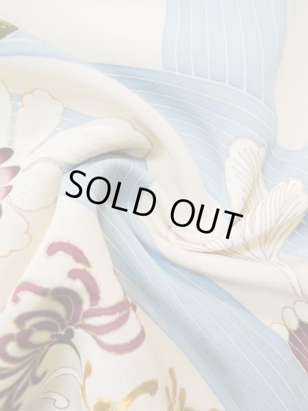 画像16: L0519J  訪問着 女性用着物 滝 シルク(正絹)   オフ ホワイト, 花 【中古】 【USED】 【リサイクル】 ★★☆☆☆ (16)