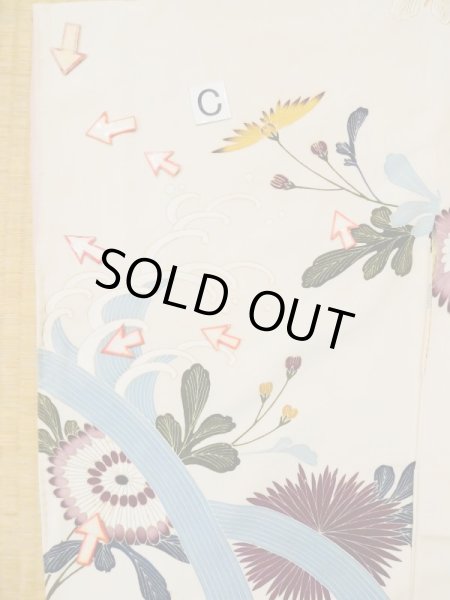 画像21: L0519J  訪問着 女性用着物 滝 シルク(正絹)   オフ ホワイト, 花 【中古】 【USED】 【リサイクル】 ★★☆☆☆ (21)