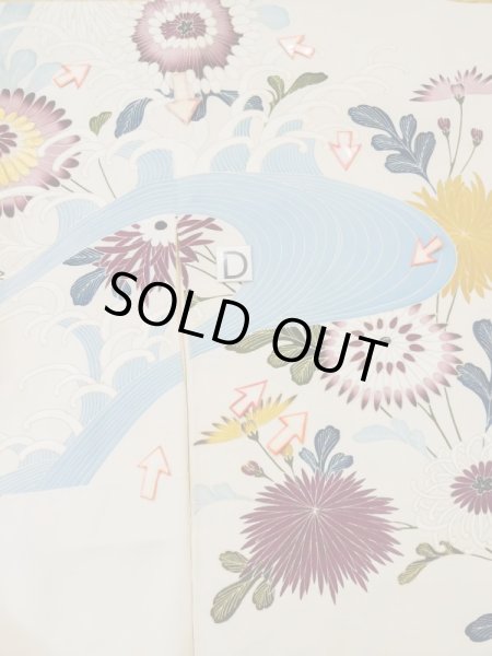 画像22: L0519J  訪問着 女性用着物 滝 シルク(正絹)   オフ ホワイト, 花 【中古】 【USED】 【リサイクル】 ★★☆☆☆ (22)