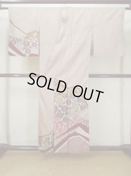 画像3: L0519P  訪問着 女性用着物  シルク(正絹)   えんじ, 菊 【中古】 【USED】 【リサイクル】 ★☆☆☆☆ (3)