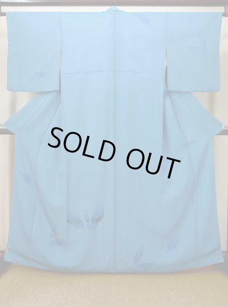 画像1: L0519R  訪問着 女性用着物  シルク（正絹） グレイッシュ 緑み 青, 葉 【中古】 【USED】 【リサイクル】 ★☆☆☆☆ (1)