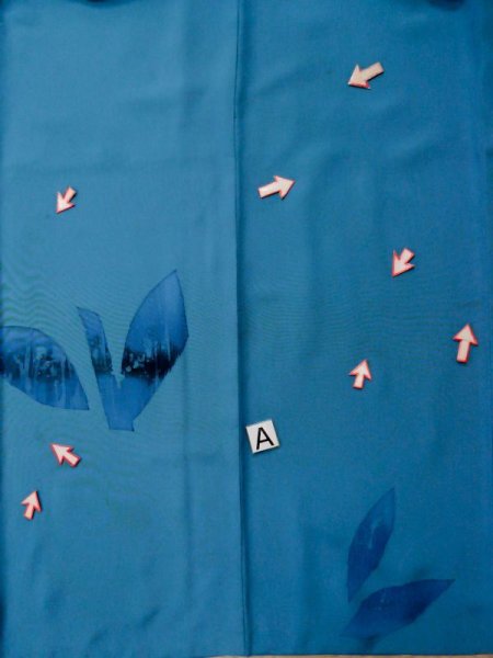 画像15: L0519R  訪問着 女性用着物  シルク(正絹) グレイッシュ 緑み 青, 葉 【中古】 【USED】 【リサイクル】 ★☆☆☆☆ (15)