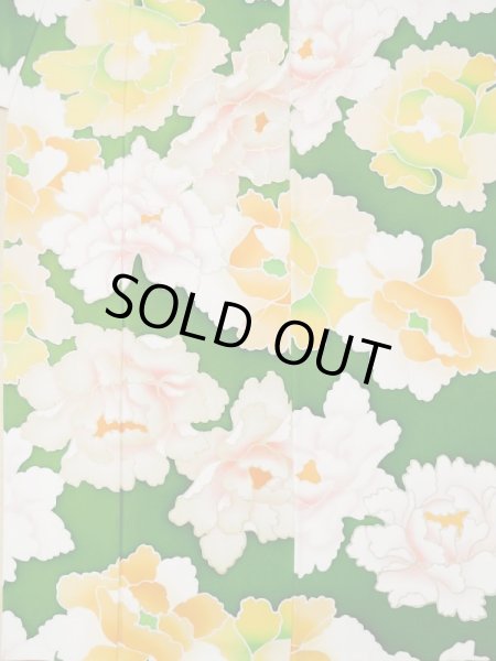 画像5: L0519S  振袖 女性用着物  シルク（正絹）   グリーン（緑）, ぼたん 【中古】 【USED】 【リサイクル】 ★★☆☆☆ (5)