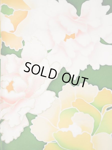 画像6: L0519S  振袖 女性用着物  シルク（正絹）   グリーン（緑）, ぼたん 【中古】 【USED】 【リサイクル】 ★★☆☆☆ (6)