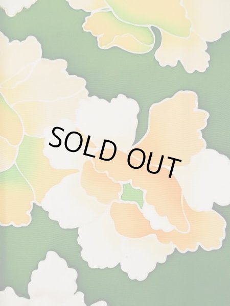 画像7: L0519S  振袖 女性用着物  シルク（正絹）   グリーン（緑）, ぼたん 【中古】 【USED】 【リサイクル】 ★★☆☆☆ (7)