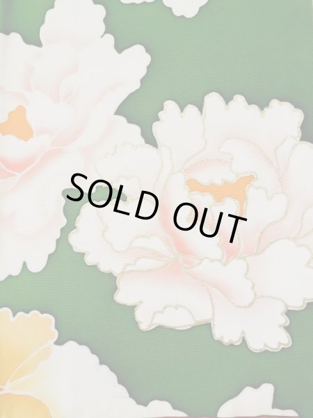 画像8: L0519S  振袖 女性用着物  シルク（正絹）   グリーン（緑）, ぼたん 【中古】 【USED】 【リサイクル】 ★★☆☆☆ (8)