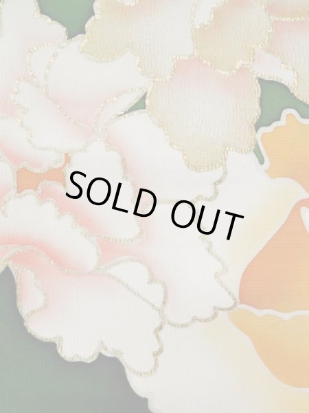 画像10: L0519S  振袖 女性用着物  シルク（正絹）   グリーン（緑）, ぼたん 【中古】 【USED】 【リサイクル】 ★★☆☆☆ (10)