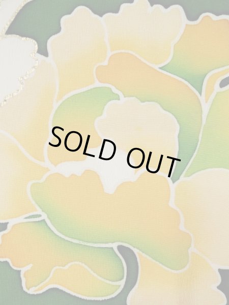 画像11: L0519S  振袖 女性用着物  シルク（正絹）   グリーン（緑）, ぼたん 【中古】 【USED】 【リサイクル】 ★★☆☆☆ (11)