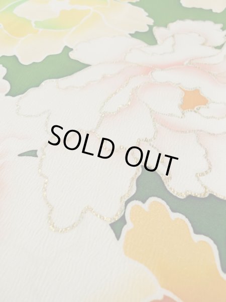 画像13: L0519S  振袖 女性用着物  シルク（正絹）   グリーン（緑）, ぼたん 【中古】 【USED】 【リサイクル】 ★★☆☆☆ (13)