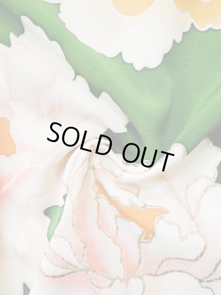 画像14: L0519S  振袖 女性用着物  シルク（正絹）   グリーン（緑）, ぼたん 【中古】 【USED】 【リサイクル】 ★★☆☆☆ (14)