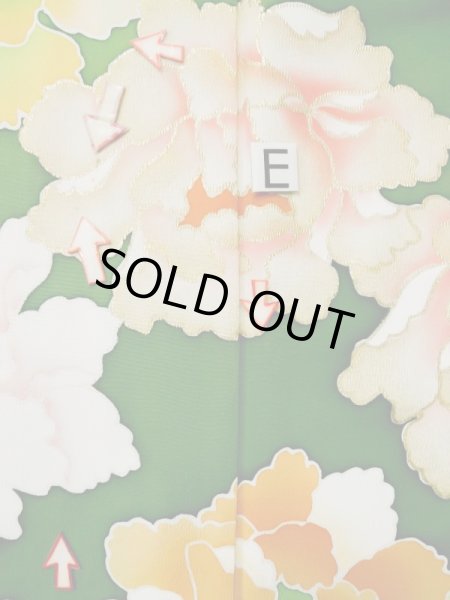 画像21: L0519S  振袖 女性用着物  シルク（正絹）   グリーン（緑）, ぼたん 【中古】 【USED】 【リサイクル】 ★★☆☆☆ (21)