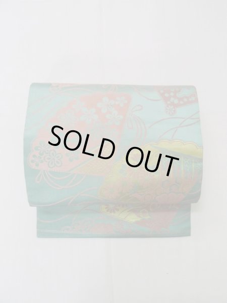 画像2: L0706B 名古屋帯 女性用着物 シルク（正絹） 淡い 青み 青緑色 ぼたん 【中古】 【USED】 【リサイクル】 ★★☆☆☆ (2)