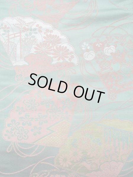 画像3: L0706B 名古屋帯 女性用着物 シルク（正絹） 淡い 青み 青緑色 ぼたん 【中古】 【USED】 【リサイクル】 ★★☆☆☆ (3)