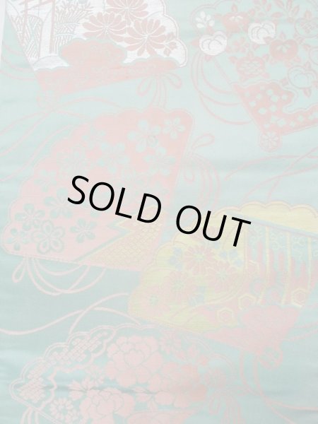 画像4: L0706B 名古屋帯 女性用着物 シルク（正絹） 淡い 青み 青緑色 ぼたん 【中古】 【USED】 【リサイクル】 ★★☆☆☆ (4)