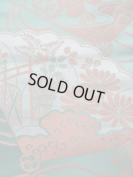 画像5: L0706B 名古屋帯 女性用着物 シルク（正絹） 淡い 青み 青緑色 ぼたん 【中古】 【USED】 【リサイクル】 ★★☆☆☆ (5)