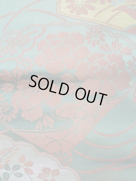 画像6: L0706B 名古屋帯 女性用着物 シルク（正絹） 淡い 青み 青緑色 ぼたん 【中古】 【USED】 【リサイクル】 ★★☆☆☆ (6)