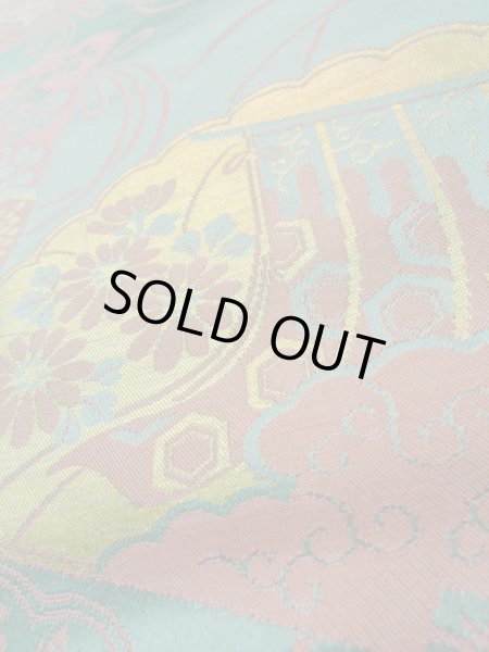 画像7: L0706B 名古屋帯 女性用着物 シルク（正絹） 淡い 青み 青緑色 ぼたん 【中古】 【USED】 【リサイクル】 ★★☆☆☆ (7)