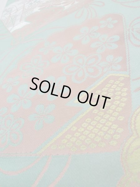 画像8: L0706B 名古屋帯 女性用着物 シルク（正絹） 淡い 青み 青緑色 ぼたん 【中古】 【USED】 【リサイクル】 ★★☆☆☆ (8)