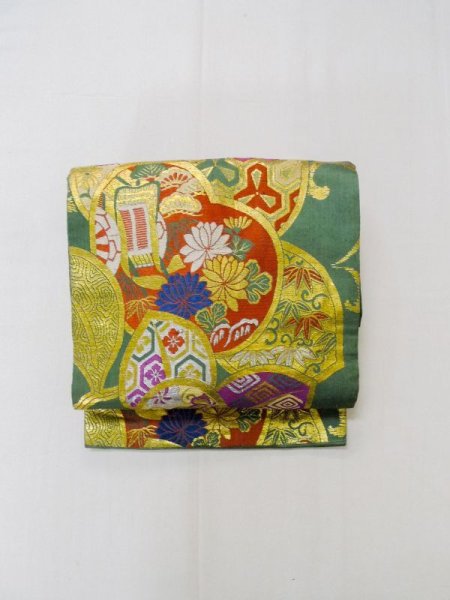 画像2: L0706D 名古屋帯 女性用着物 シルク（正絹）  淡い 緑色 花 【中古】 【USED】 【リサイクル】 ★★☆☆☆ (2)
