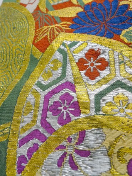 画像12: L0706D 名古屋帯 女性用着物 シルク（正絹）  淡い 緑色 花 【中古】 【USED】 【リサイクル】 ★★☆☆☆ (12)