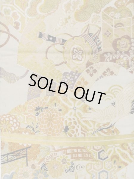 画像4: L0706I 名古屋帯 女性用着物 シルク(正絹)   オフ ホワイト 菊 【中古】 【USED】 【リサイクル】 ★★☆☆☆ (4)