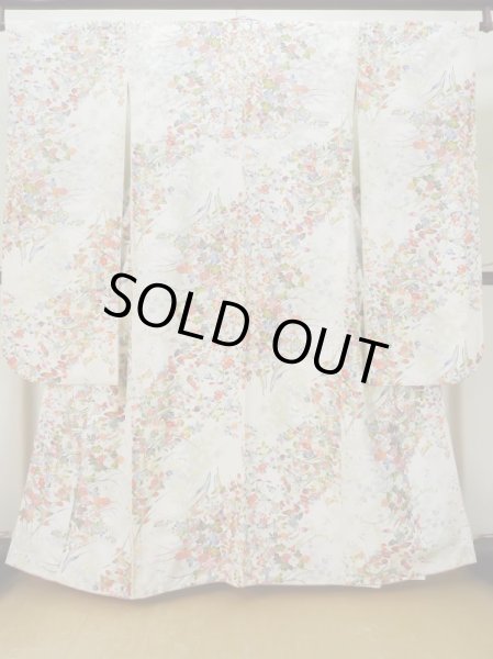画像1: L0727B  振袖 女性用着物  シルク（正絹）   オフ　ホワイト, 花 【中古】 【USED】 【リサイクル】 ★★★★☆ (1)
