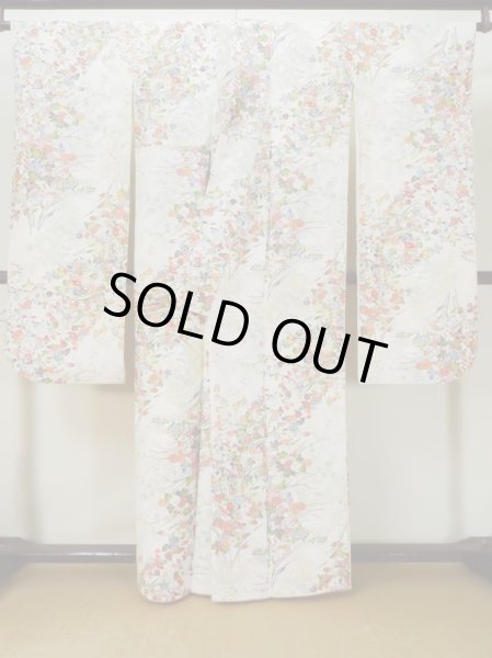画像3: L0727B  振袖 女性用着物  シルク（正絹）   オフ　ホワイト, 花 【中古】 【USED】 【リサイクル】 ★★★★☆ (3)