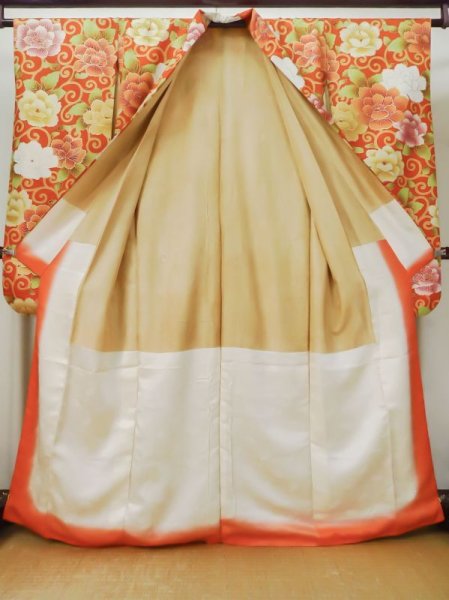 画像4: L0727E  振袖 女性用着物  シルク(正絹)   朱赤, ぼたん 【中古】 【USED】 【リサイクル】 ★☆☆☆☆ (4)