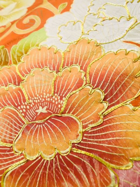 画像13: L0727E  振袖 女性用着物  シルク(正絹)   朱赤, ぼたん 【中古】 【USED】 【リサイクル】 ★☆☆☆☆ (13)