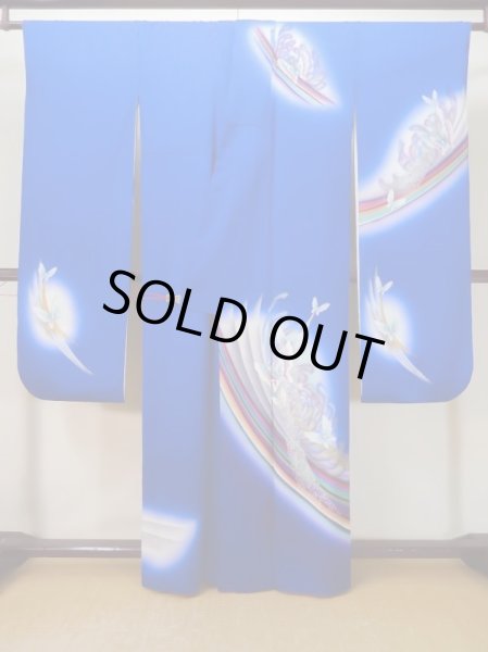 画像3: L0727J  振袖 女性用着物  シルク（正絹）  鮮やか 青, 蝶々 【中古】 【USED】 【リサイクル】 ★★☆☆☆ (3)