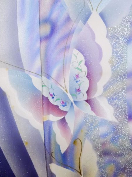 画像7: L0727J  振袖 女性用着物  シルク(正絹)  鮮やか 青, 蝶々 【中古】 【USED】 【リサイクル】 ★★☆☆☆ (7)