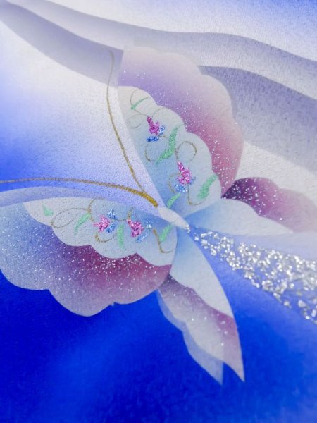 画像13: L0727J  振袖 女性用着物  シルク(正絹)  鮮やか 青, 蝶々 【中古】 【USED】 【リサイクル】 ★★☆☆☆ (13)