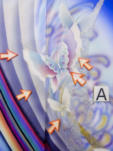 画像18: L0727J  振袖 女性用着物  シルク(正絹)  鮮やか 青, 蝶々 【中古】 【USED】 【リサイクル】 ★★☆☆☆ (18)