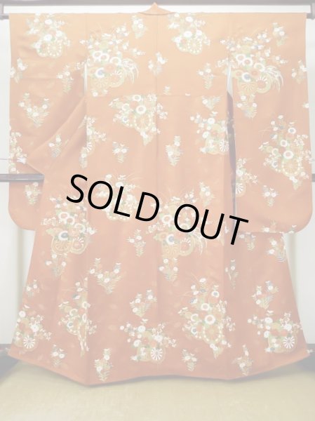 画像2: L0727L  振袖 女性用着物 花車 シルク(正絹)   橙色, 菊 【中古】 【USED】 【リサイクル】 ★★☆☆☆ (2)