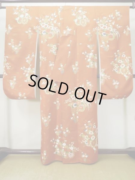 画像3: L0727L  振袖 女性用着物 花車 シルク(正絹)   橙色, 菊 【中古】 【USED】 【リサイクル】 ★★☆☆☆ (3)