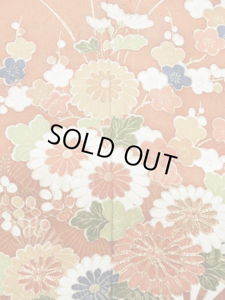 画像8: L0727L  振袖 女性用着物 花車 シルク(正絹)   橙色, 菊 【中古】 【USED】 【リサイクル】 ★★☆☆☆ (8)