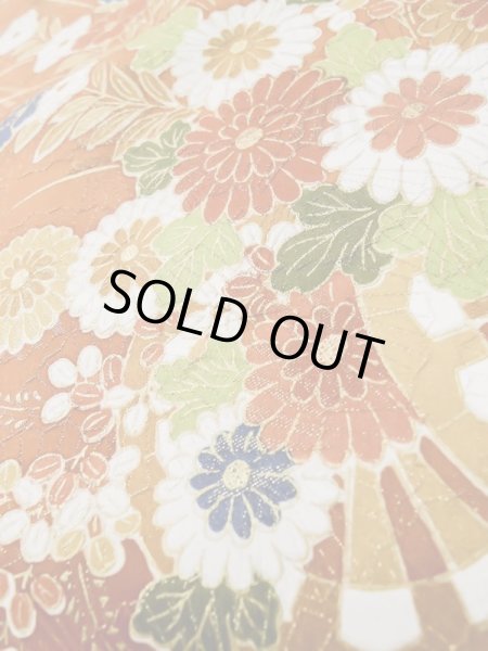 画像14: L0727L  振袖 女性用着物 花車 シルク(正絹)   橙色, 菊 【中古】 【USED】 【リサイクル】 ★★☆☆☆ (14)