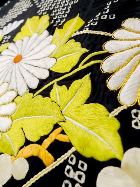 画像15: L0727M  振袖 女性用着物  シルク(正絹)   橙色, ぼたん 【中古】 【USED】 【リサイクル】 ★★★☆☆ (15)