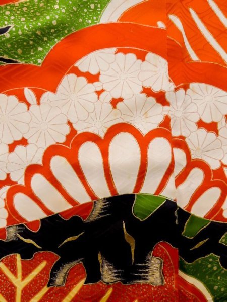 画像10: L0727N  振袖 女性用着物  シルク(正絹)   オフ ホワイト, 桜 【中古】 【USED】 【リサイクル】 ★☆☆☆☆ (10)