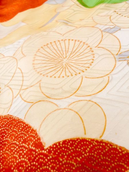 画像13: L0727N  振袖 女性用着物  シルク(正絹)   オフ ホワイト, 桜 【中古】 【USED】 【リサイクル】 ★☆☆☆☆ (13)