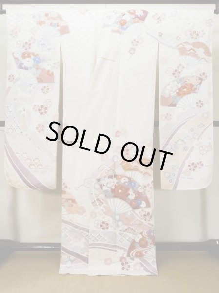 画像3: L0727P  振袖 女性用着物 扇、七宝、亀甲柄 シルク(正絹) 淡い 薄い マルチカラー, ぼたん 【中古】 【USED】 【リサイクル】 ★★☆☆☆ (3)