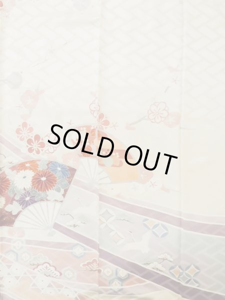 画像8: L0727P  振袖 女性用着物 扇、七宝、亀甲柄 シルク(正絹) 淡い 薄い マルチカラー, ぼたん 【中古】 【USED】 【リサイクル】 ★★☆☆☆ (8)