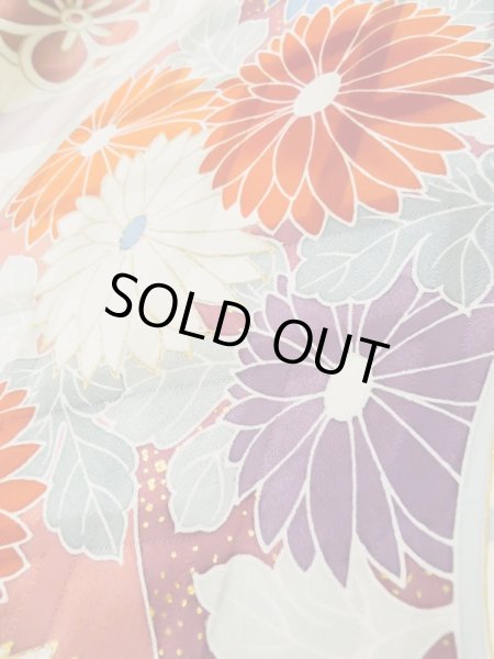 画像13: L0727P  振袖 女性用着物 扇、七宝、亀甲柄 シルク(正絹) 淡い 薄い マルチカラー, ぼたん 【中古】 【USED】 【リサイクル】 ★★☆☆☆ (13)