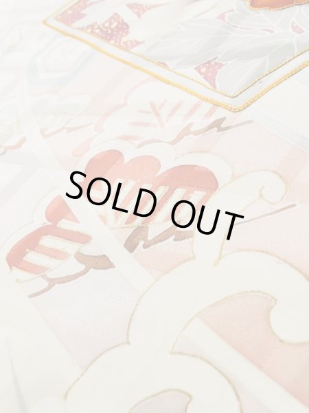 画像15: L0727P  振袖 女性用着物 扇、七宝、亀甲柄 シルク(正絹) 淡い 薄い マルチカラー, ぼたん 【中古】 【USED】 【リサイクル】 ★★☆☆☆ (15)