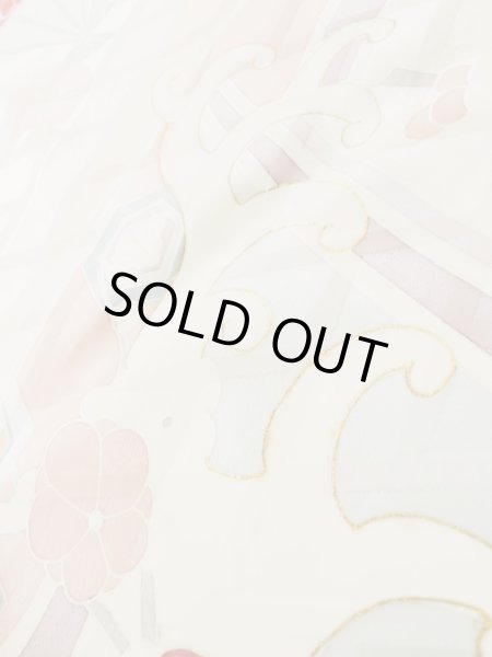 画像16: L0727P  振袖 女性用着物 扇、七宝、亀甲柄 シルク(正絹) 淡い 薄い マルチカラー, ぼたん 【中古】 【USED】 【リサイクル】 ★★☆☆☆ (16)