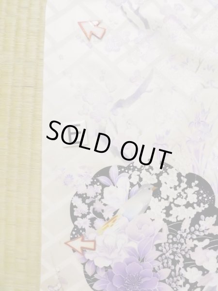 画像28: L0727R  振袖 女性用着物 鳥、青海波、壺、かのこ、□、〇、抽象的柄 シルク(正絹)  淡い 赤色, ぼたん 【中古】 【USED】 【リサイクル】 ★★★☆☆ (28)