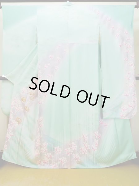 画像2: L0727T  振袖 女性用着物  シルク（正絹） 淡い 薄い 青緑色, ぼたん 【中古】 【USED】 【リサイクル】 ★☆☆☆☆ (2)