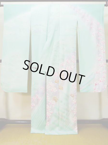 画像3: L0727T  振袖 女性用着物  シルク（正絹） 淡い 薄い 青緑色, ぼたん 【中古】 【USED】 【リサイクル】 ★☆☆☆☆ (3)